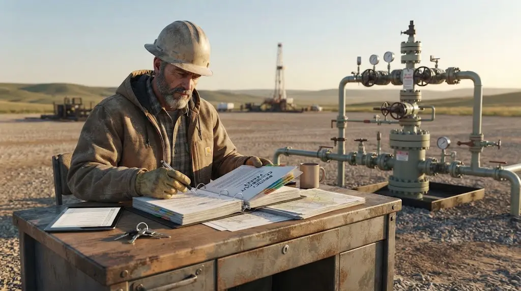 Illustration of a well drilling contractor reviewing a project closeout packet beside a completed wellhead