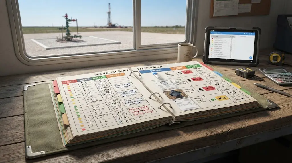 Illustration of a well drilling project closeout exception log