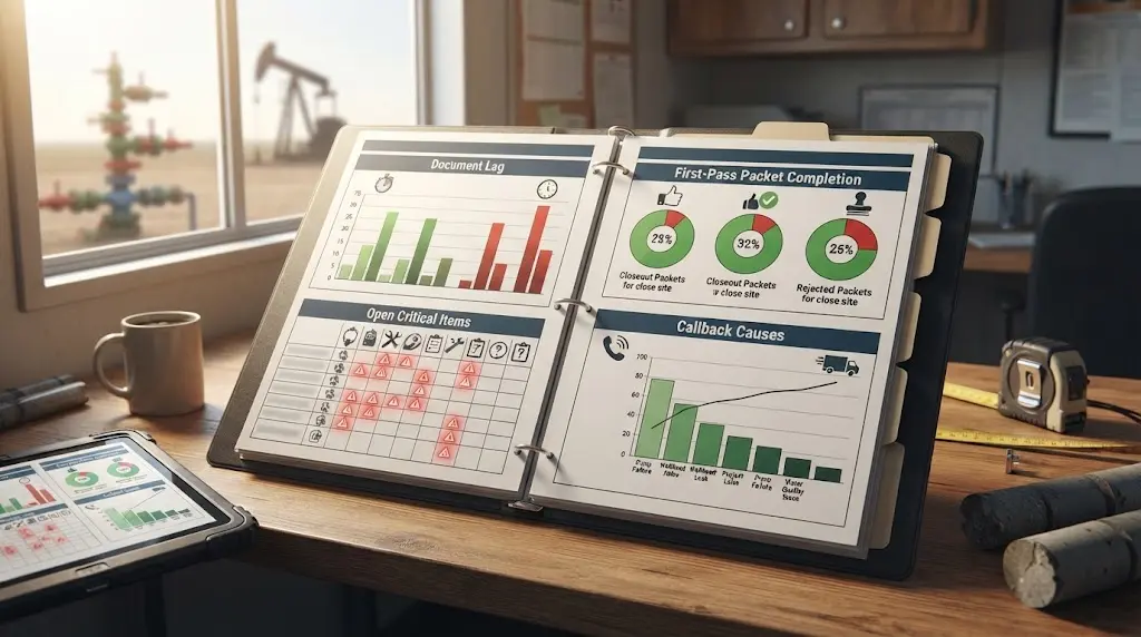 Illustration of a well contractor closeout scorecard used in a weekly operations review