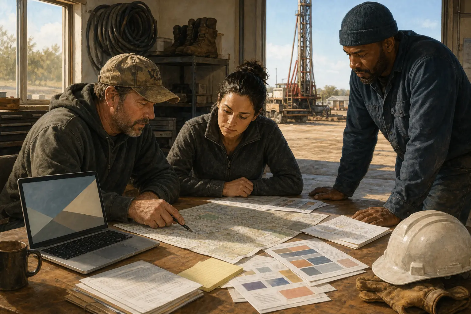 Illustration of a well company owner, dispatcher, and field manager reviewing a map, calls, and priority service pages on Monday morning