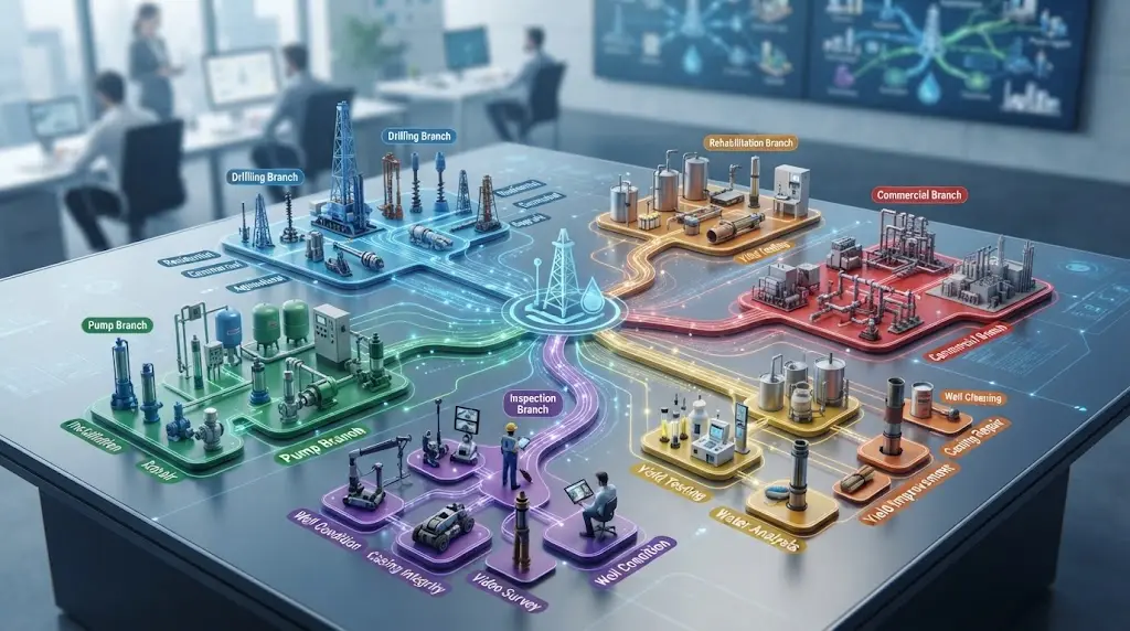 Illustration of a contractor website inventory connected to service types, territories, and qualified calls