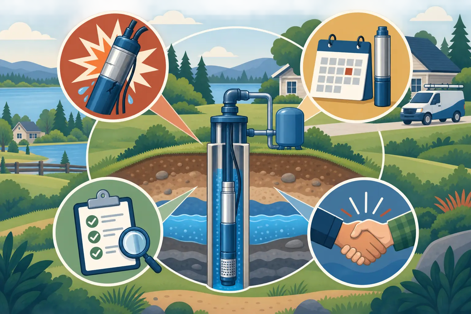 Illustration of a demand map separating urgent pump repair, planned replacement, inspection work, and referral partnerships