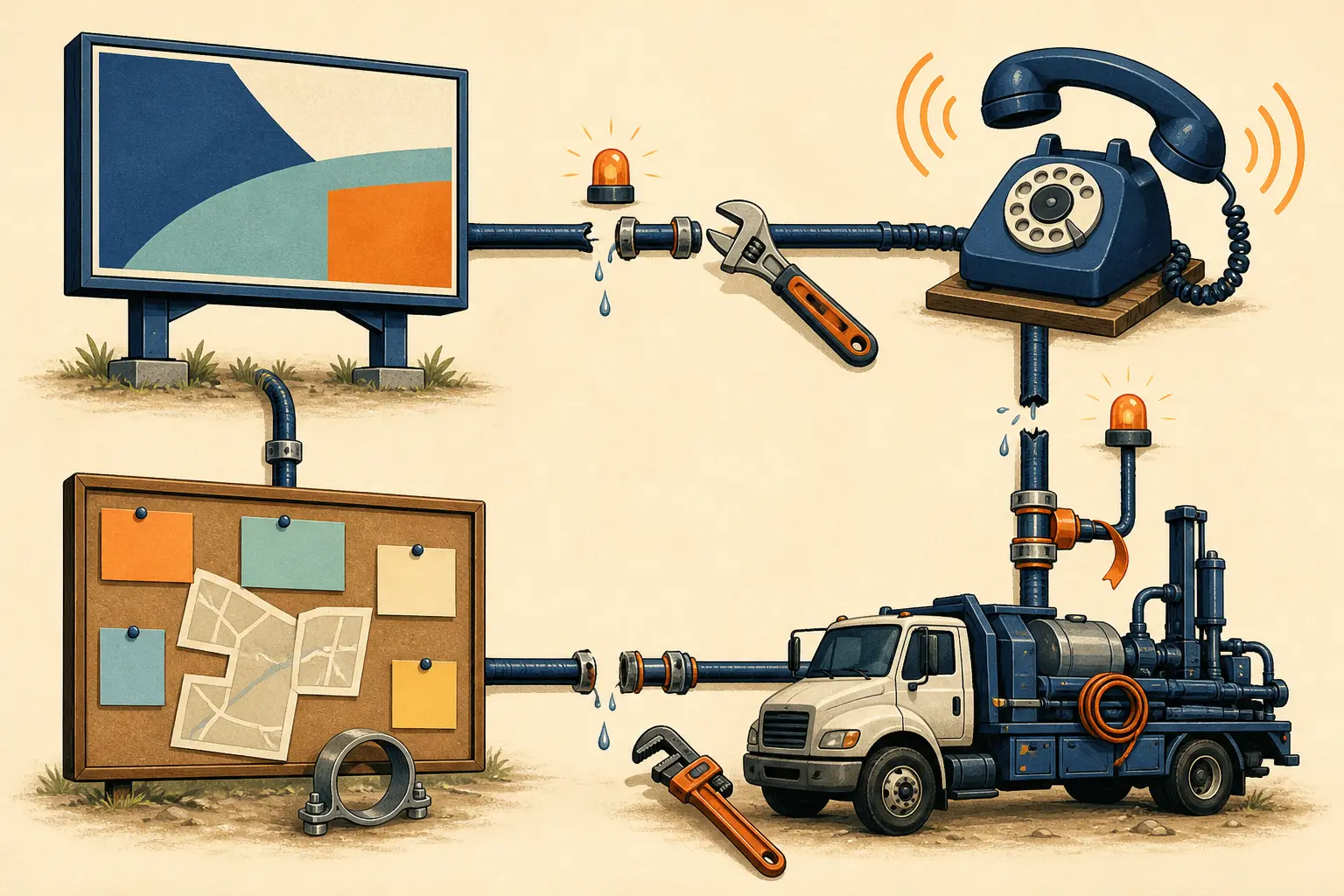Illustration of a well pump contractor identifying marketing leaks between ads, calls, dispatch, and completed jobs
