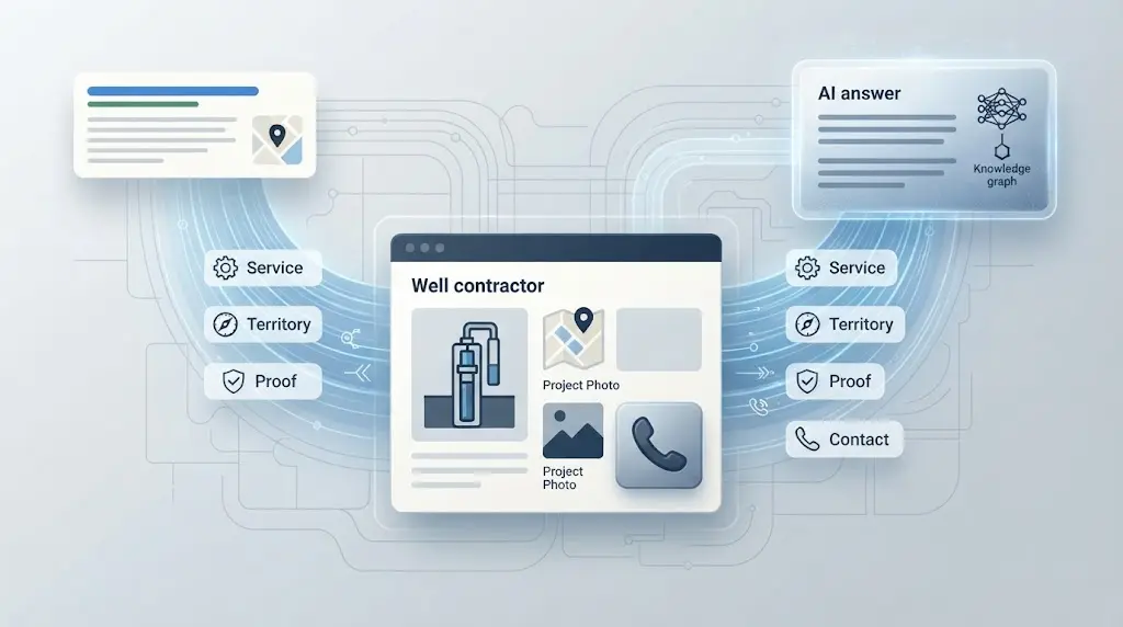 Illustration of a search result and an AI answer both extracting clear service, territory, proof, and contact information